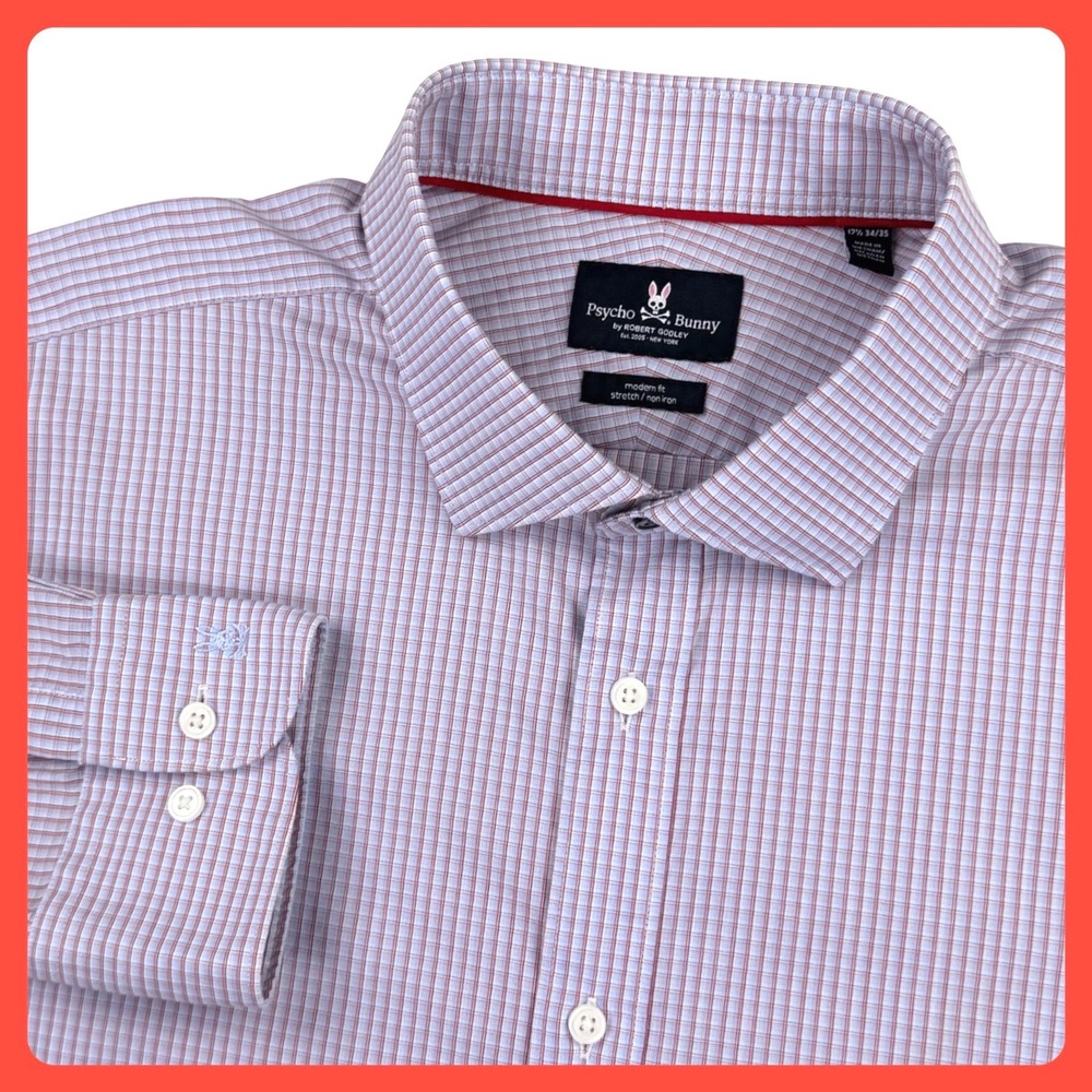 Psycho Bunny Modern Fit Dress Shirt Men 17.5 34 / 35 Purple Cotton Stretch Check